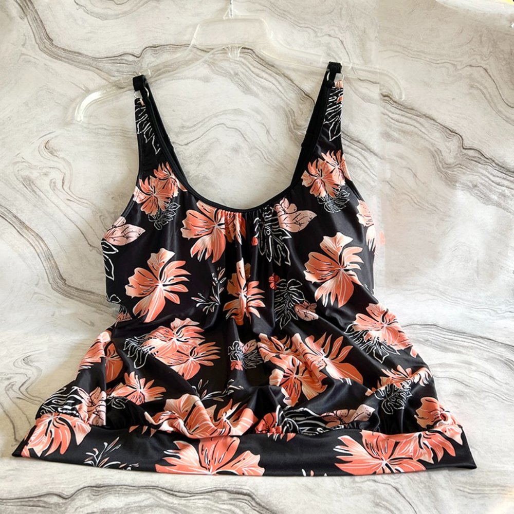 NWT Younique Blouson Tankini Swim Top, Pink/Peach & Black
